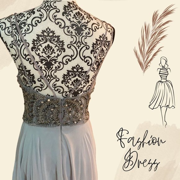 Grey Plunging V-neck Beaded Chiffon Evening Dress - Size 4 - Picture 4 of 5